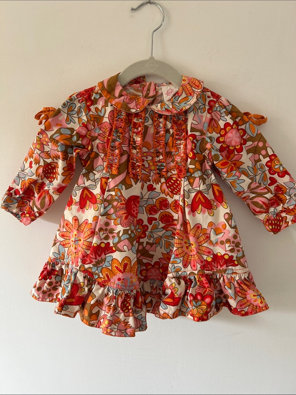 Oilily Floral Ruffle Dress Pink/Orange Pintuck Peter Pan Collar